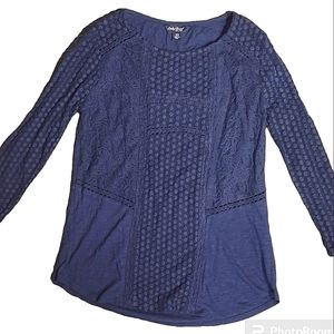 Women's Lucky Brand Navy Blue Quarter Sleeve Top with Sheer Floral Designs